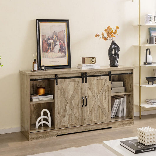 Farmhouse Entertainment Center with Adjustable Shelves and Storage Cabinet-Gray - Free Shipping