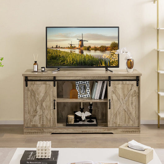 Farmhouse Entertainment Center with Adjustable Shelves and Storage Cabinet-Gray - Free Shipping