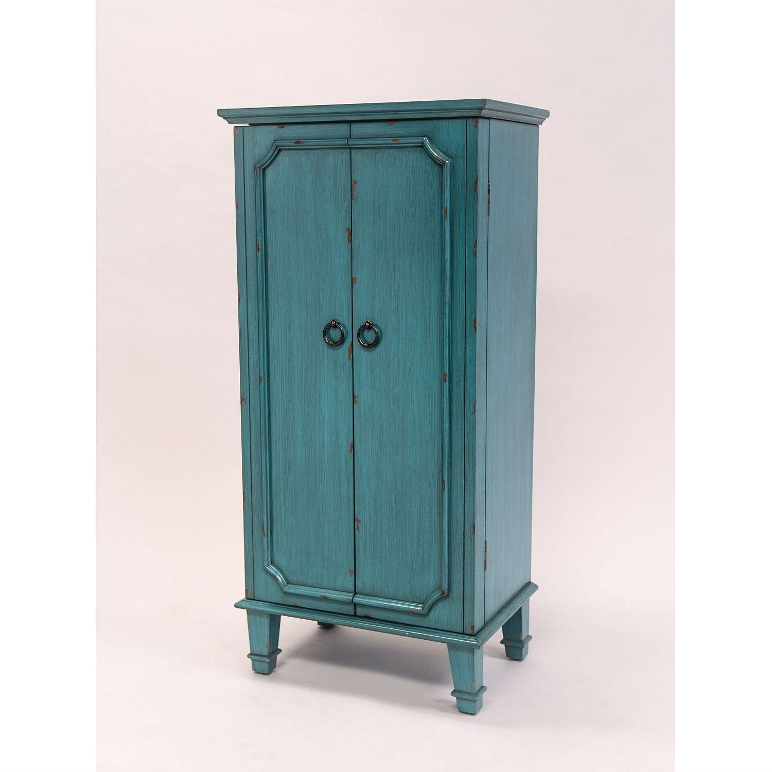 Vintage Turquoise Hand Painted Jewelry Armoire with Antique Drawer Pulls - Free Shipping