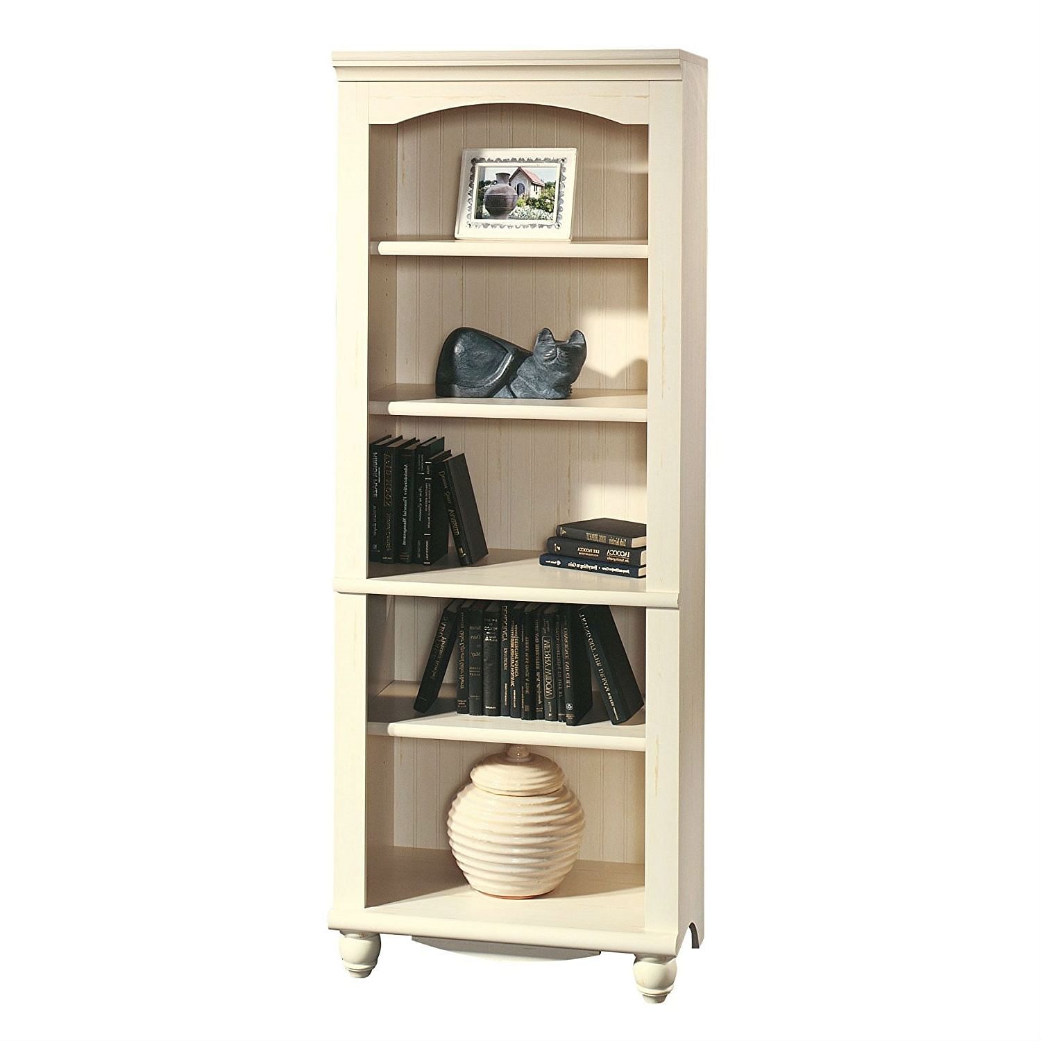 Elegant Display Shelf Bookcase with 5 Shelves in Antique White Wood Finish - Free Shipping