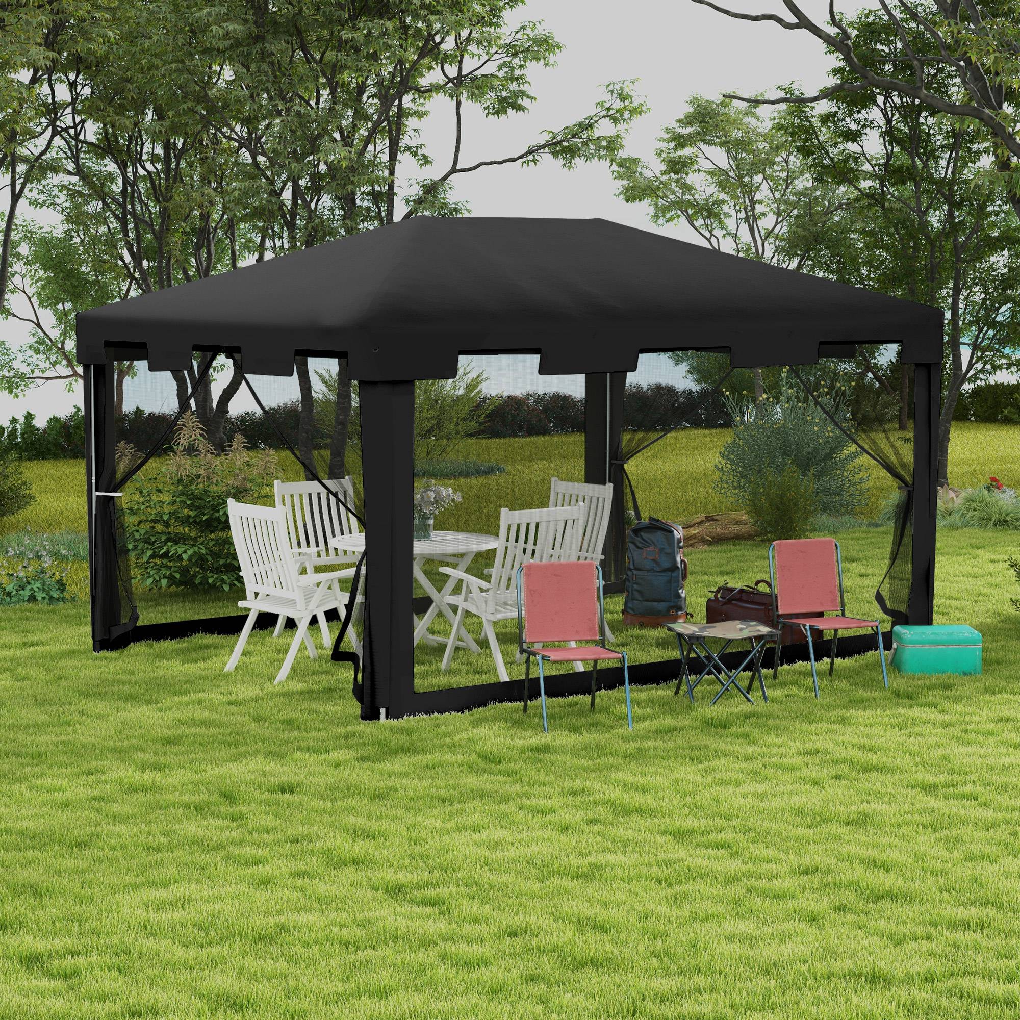 Outsunny 10x13ft Outdoor Gazebo Party Tent Sun Shade Canopy with Mesh Sidewalls Dark Grey