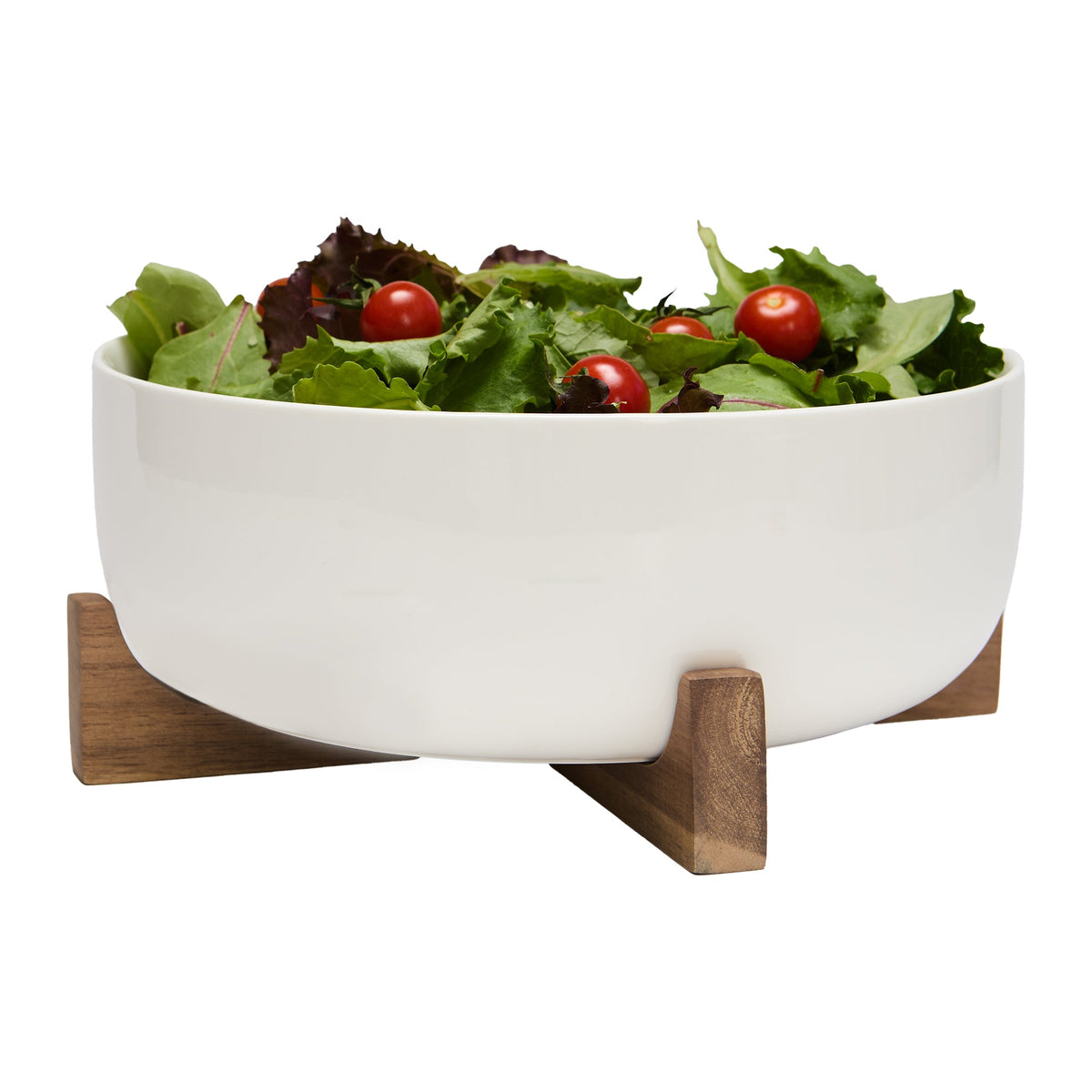 Serving Bowl with Acacia Wood Stand, White Porcelain, 24 cm (9.4 in), 2 Pieces
