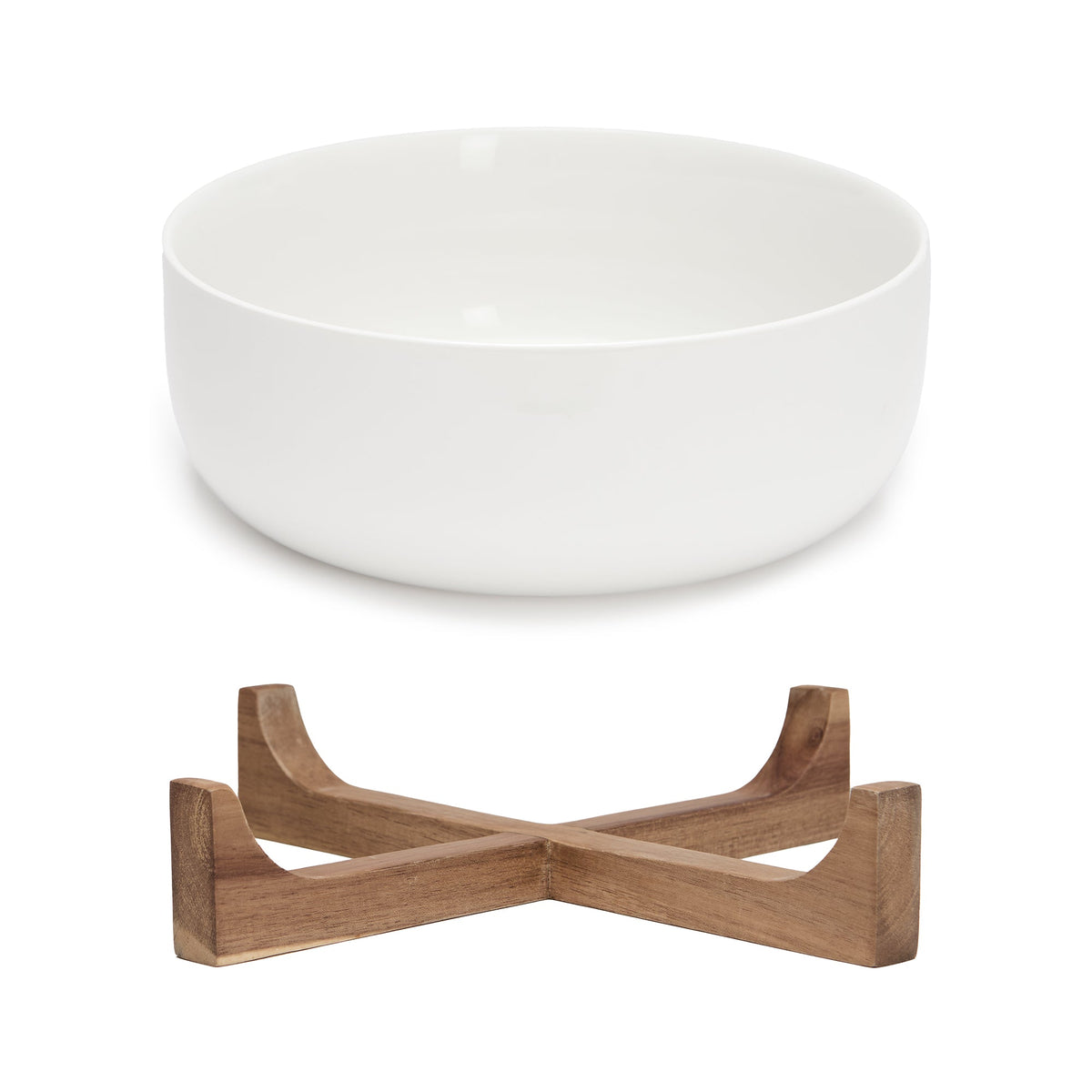 Serving Bowl with Acacia Wood Stand, White Porcelain, 24 cm (9.4 in), 2 Pieces