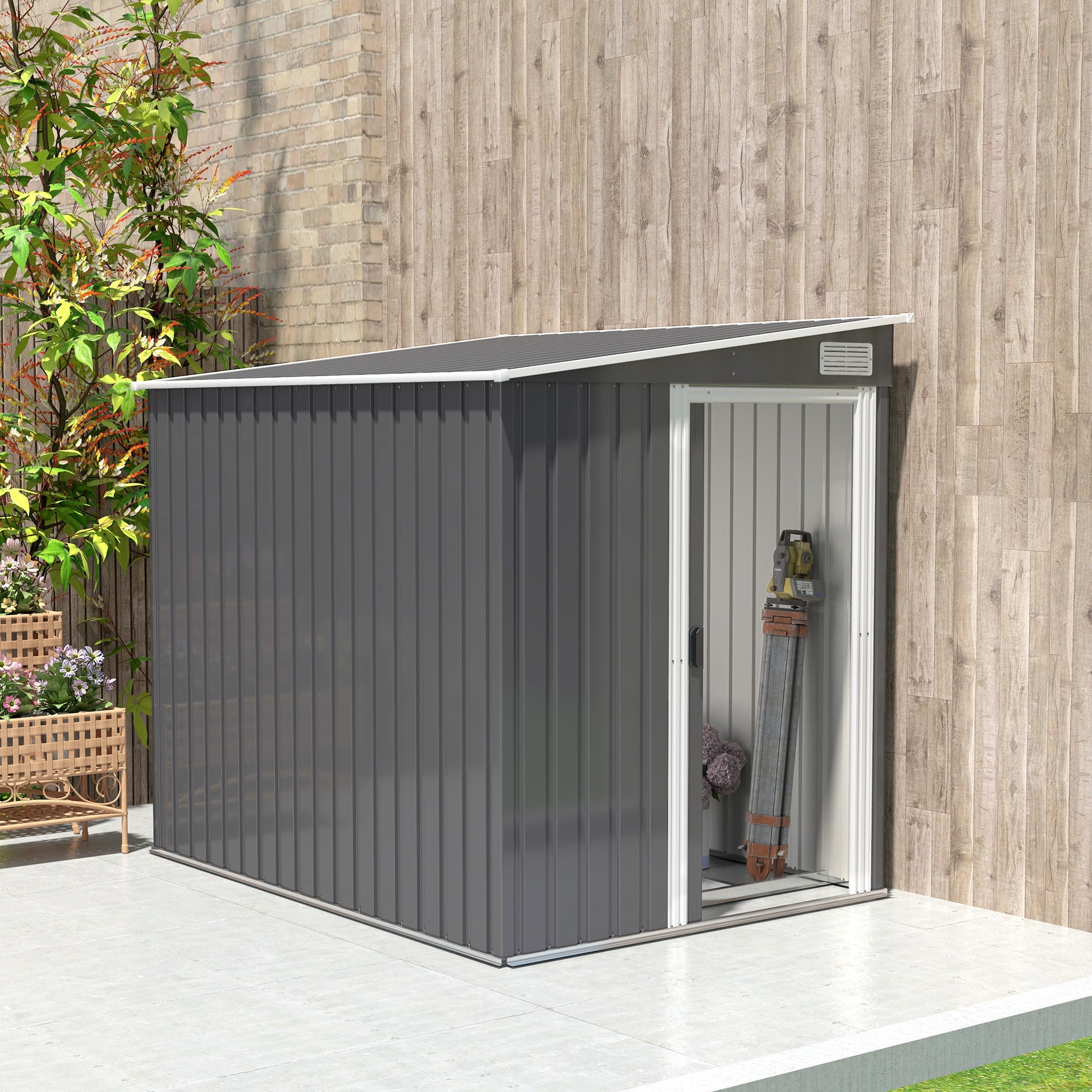 Outsunny 5'x7' Lean to Galvanized Metal Shed with Foundation, Garden Tool Storage House with Sliding Door and 2 Vents, Dark Grey
