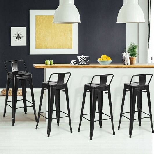 30 Inch Set of 4 Metal Counter Height Barstools with Low Back and Rubber Feet-Black - Free Shipping