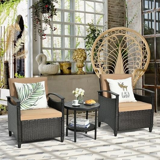 3 Pieces Patio Rattan Furniture Set Cushioned Sofa Storage Table with Shelf Garden - Free Shipping