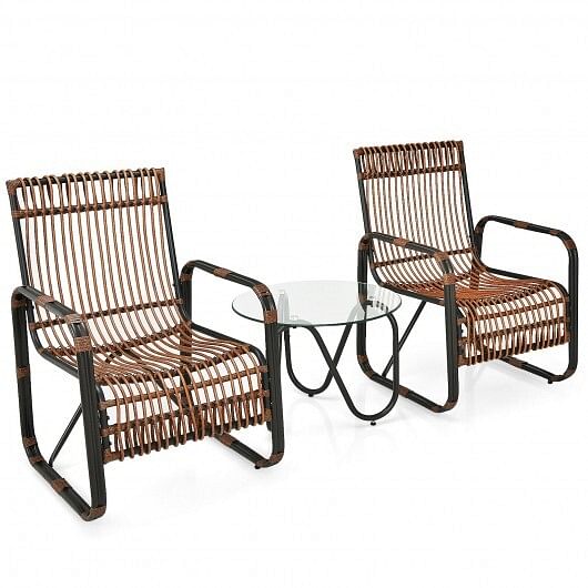 3 Pieces Patio Rattan Furniture Set with 2 Single Wicker Chairs and Glass Side Table - Free Shipping