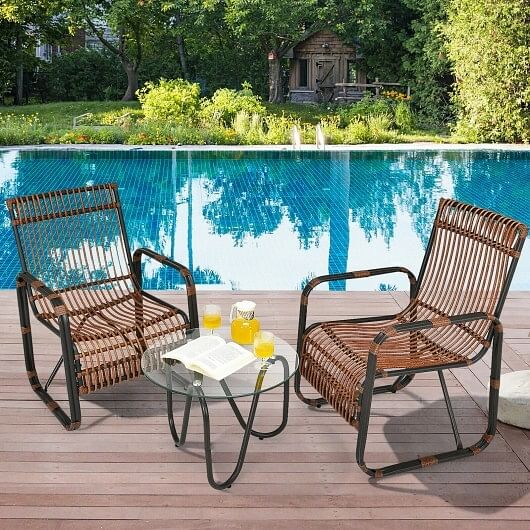 3 Pieces Patio Rattan Furniture Set with 2 Single Wicker Chairs and Glass Side Table - Free Shipping
