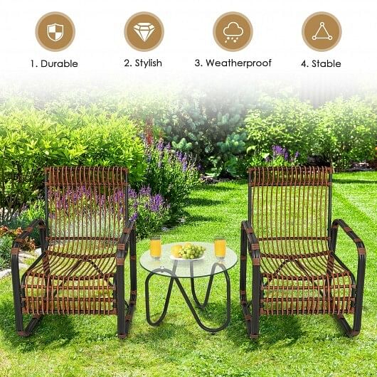 3 Pieces Patio Rattan Furniture Set with 2 Single Wicker Chairs and Glass Side Table - Free Shipping