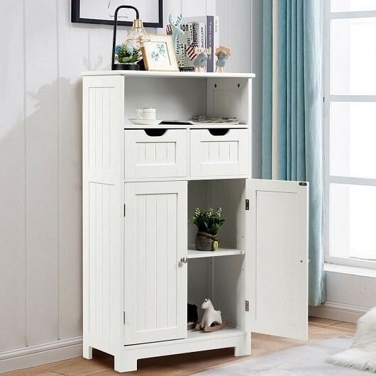 Bathroom Wooden Side Cabinet with 2 Drawers and 2 Doors-White - Free Shipping