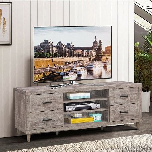 Retro Wooden TV Stand with 3 Open Shelves and 4 Drawers - Free Shipping