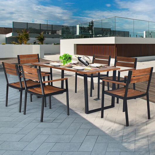 Patented 7 Pieces Patented Outdoor Patio Dining Table Set with Hole - Free Shipping