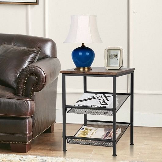 3-Tier Industrial End Table with Mesh Shelves and Adjustable Shelves - Free Shipping