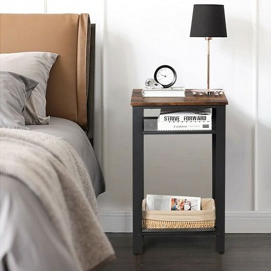 3-Tier Industrial End Table with Metal Mesh Storage Shelves - Free Shipping