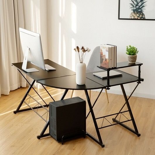 L-Shaped Desk Reversible Corner Computer Desk with Movable Shelf and CPU Stand-Walnut - Free Shipping