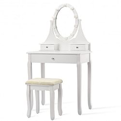 3 Drawers Lighted Mirror Vanity Dressing Table Stool Set-Black - Free Shipping