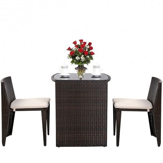 3 Pieces Cushioned Wicker Patio Bistro Set with No Assembly Needed - Free Shipping