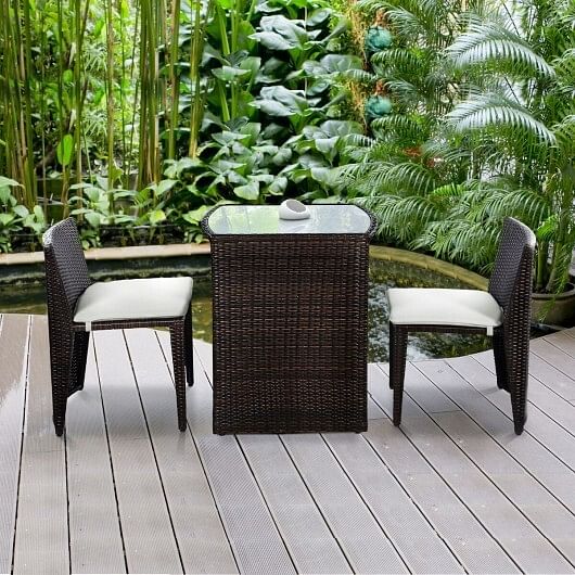 3 Pieces Cushioned Wicker Patio Bistro Set with No Assembly Needed - Free Shipping