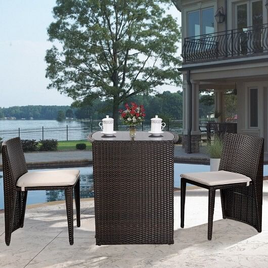 3 Pieces Cushioned Wicker Patio Bistro Set with No Assembly Needed - Free Shipping