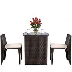 3 Pieces Cushioned Wicker Patio Bistro Set with No Assembly Needed - Free Shipping