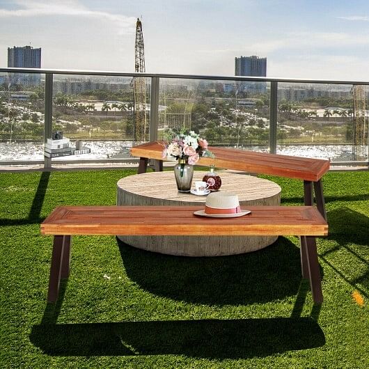 Set of 2 Patio Acacia Wood Dining Benches - Free Shipping