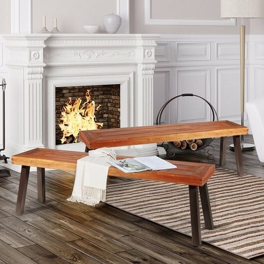 Set of 2 Patio Acacia Wood Dining Benches - Free Shipping