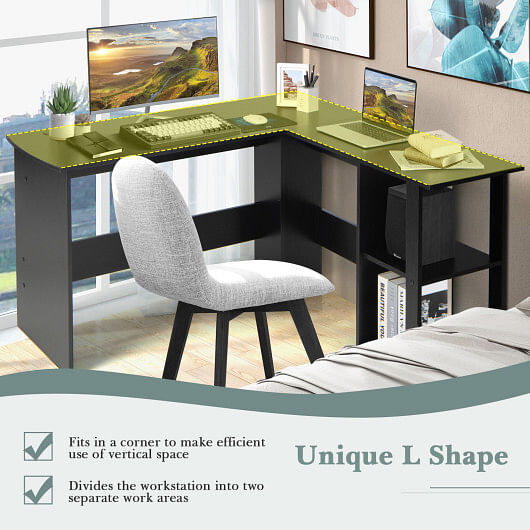 L Shaped Corner Computer Desk with Storage Shelves - Free Shipping