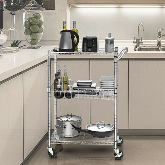 3-Tier Rolling Utility Cart with Handle Bar and Adjustable Shelves - Free Shipping