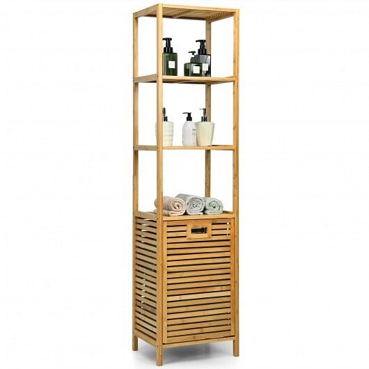 Bamboo Tower Hamper Organizer with 3-Tier Storage Shelves-Natural - Free Shipping