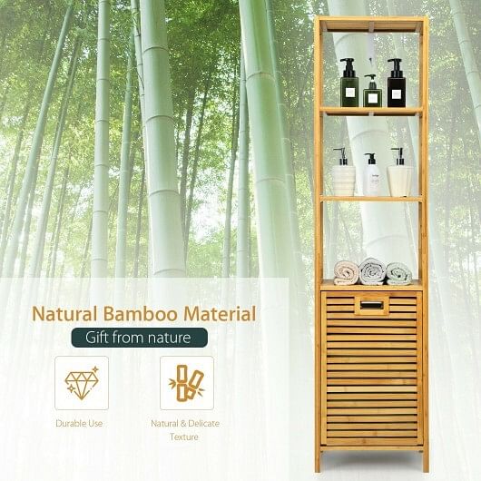 Bamboo Tower Hamper Organizer with 3-Tier Storage Shelves-Natural - Free Shipping