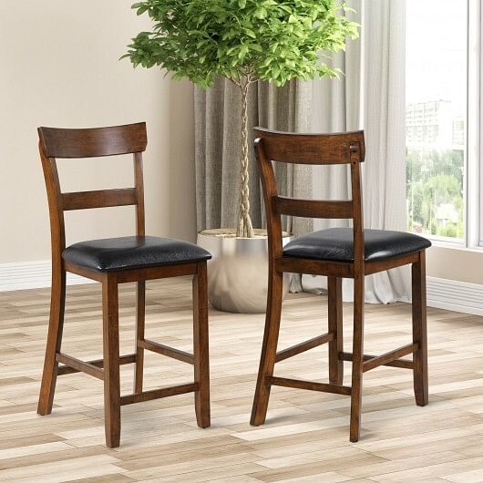 2 Pieces Counter Height Chair Set with Leather Seat and Rubber Wood Legs - Free Shipping