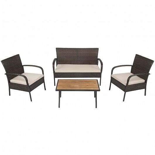 4 Pieces Patio Cushioned Wicker Conversation Set with Acacia Wood Tabletop - Free Shipping