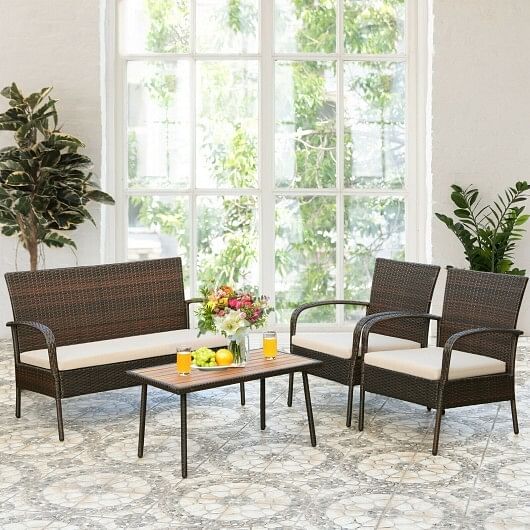 4 Pieces Patio Cushioned Wicker Conversation Set with Acacia Wood Tabletop - Free Shipping