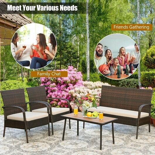 4 Pieces Patio Cushioned Wicker Conversation Set with Acacia Wood Tabletop - Free Shipping