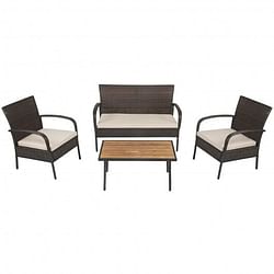 4 Pieces Patio Cushioned Wicker Conversation Set with Acacia Wood Tabletop - Free Shipping