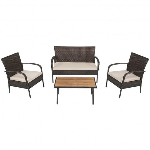 4 Pieces Patio Cushioned Wicker Conversation Set with Acacia Wood Tabletop - Free Shipping