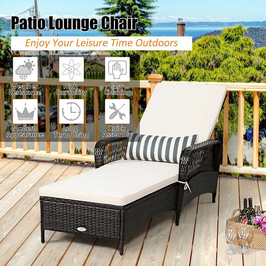PE Rattan Chaise Lounge Chair Arm Chair Recliner Adjustable with Pillow - Free Shipping