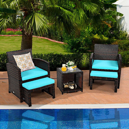 5 Pieces Patio Rattan Furniture Set with Ottoman and Tempered Glass Coffee Table-Turquoise - Free Shipping