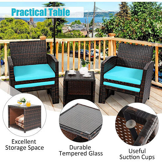 5 Pieces Patio Rattan Furniture Set with Ottoman and Tempered Glass Coffee Table-Turquoise - Free Shipping