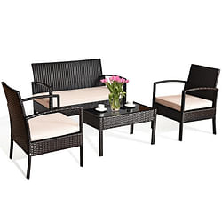 4 Pieces Patio Rattan Conversation Set with Loveseat Sofas and Coffee Table - Free Shipping