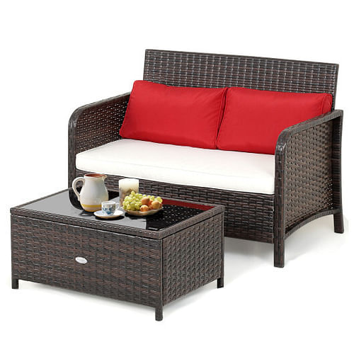 2 Pieces Wicker Loveseat Set with Coffee Table - Free Shipping