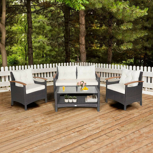 4 Pieces Patio Rattan Furniture Set with Cushioned Sofa and Storage Table-White - Free Shipping