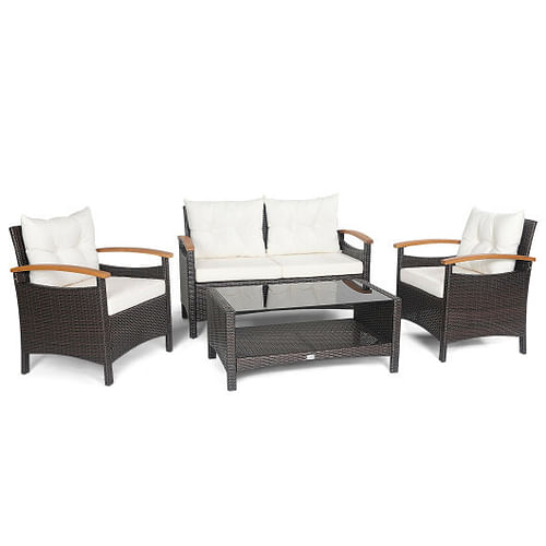 4 Pieces Patio Rattan Furniture Set with Cushioned Sofa and Storage Table-White - Free Shipping