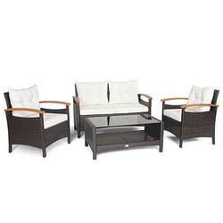 4 Pieces Patio Rattan Furniture Set with Cushioned Sofa and Storage Table-White - Free Shipping