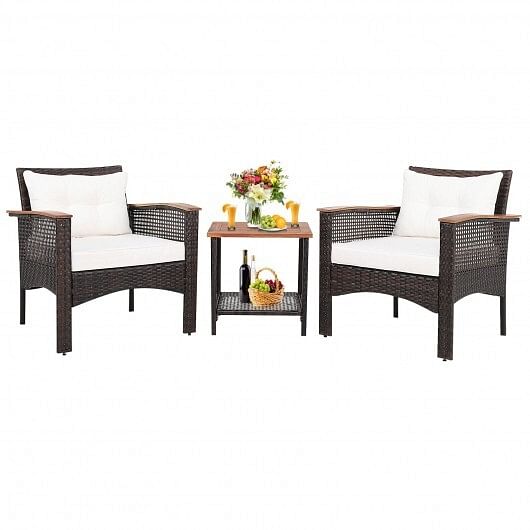 3 Pieces Patio Rattan Furniture Set with Acacia Wood Tabletop - Free Shipping