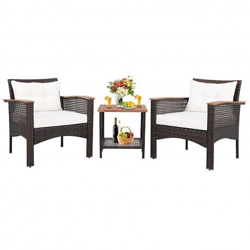 3 Pieces Patio Rattan Furniture Set with Acacia Wood Tabletop - Free Shipping