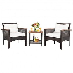 3 Pieces Patio Rattan Furniture Set with Acacia Wood Tabletop - Free Shipping
