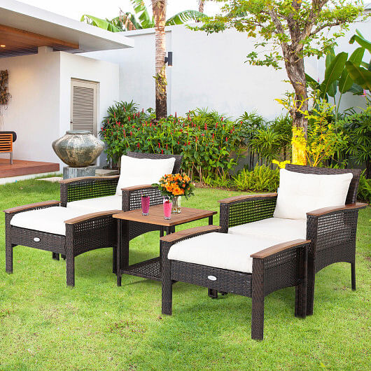 5 Pieces Patio Rattan Furniture Set with Acacia Wood Table - Free Shipping