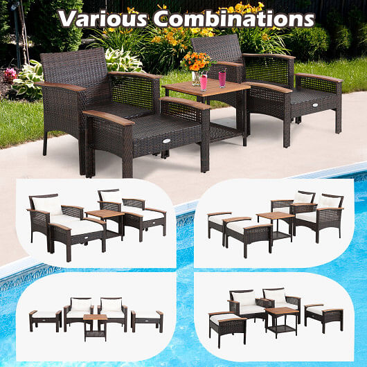 5 Pieces Patio Rattan Furniture Set with Acacia Wood Table - Free Shipping