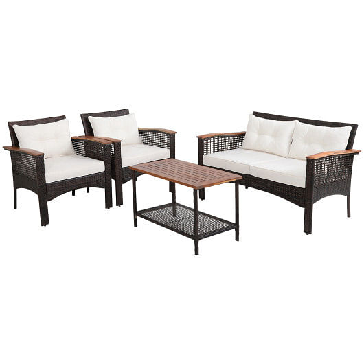 4 Pieces Patio Rattan Acacia Wood Furniture Set with Cushions and Armrest - Free Shipping